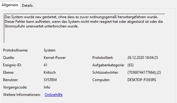 Notebook Lenovo Neu stürzt  immer wieder ab, Fehler Kernel 41