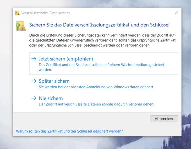 Meldung: "EFS UI Application sichern"