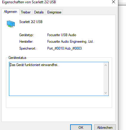 Focusrite Scarlett 2i2 USB "Keine Buchseninformationen verfügbar"?