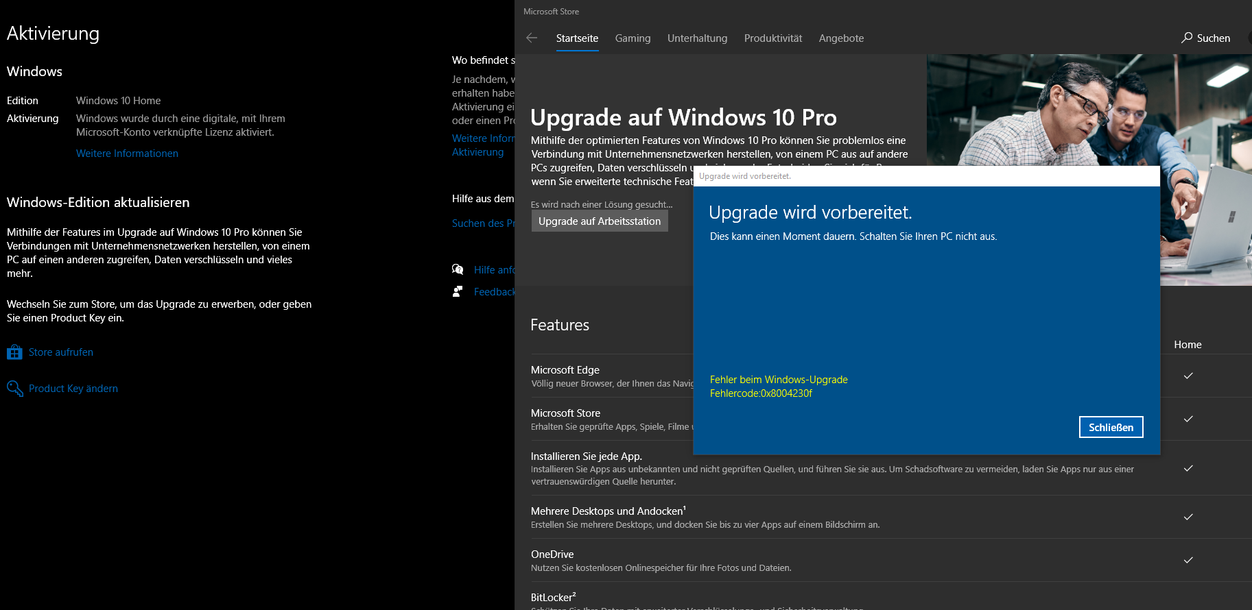 Fehler bei Windows 10 Pro Upgrade nach Kauf im Microsoft Store