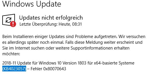 Beim Installieren einiger Updates sind Probleme aufgetreten (KB4023057)