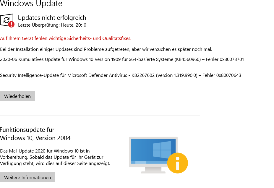 KB2267602 Version 1.319.1990.0Installationsfehler – 0x80070643,  KB4565483 Fehler 0x80073701