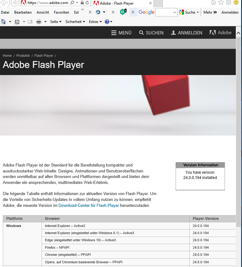 Adobe Flash Player mit Edge