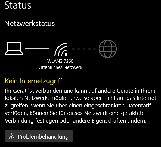 "Kein Internetzugriff"-Symbol aber surfen im Browser geht trotzdem