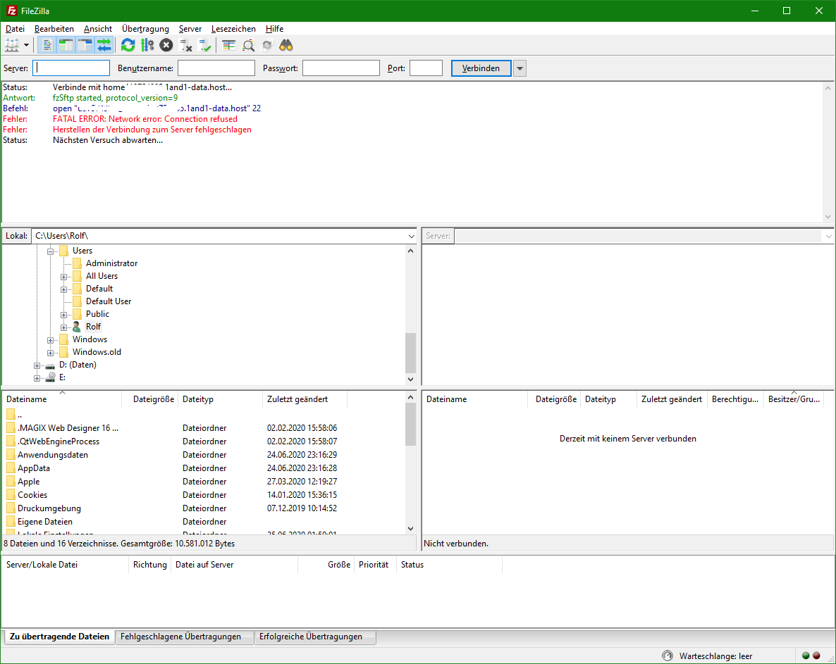 Keine ausgehende SFTP-Verbindung von fast neuem Win10-PC weitestgehend Werkseinstellungen...