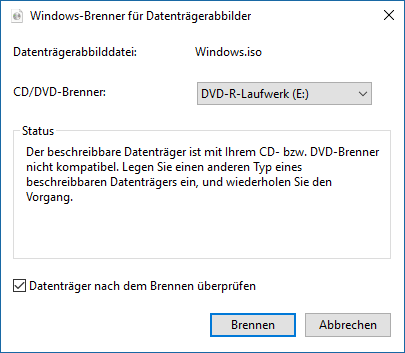 Welche  DVD-Medien sind unter April 2018 Update, Version 1803, Build 17134.5 noch kompatibel?