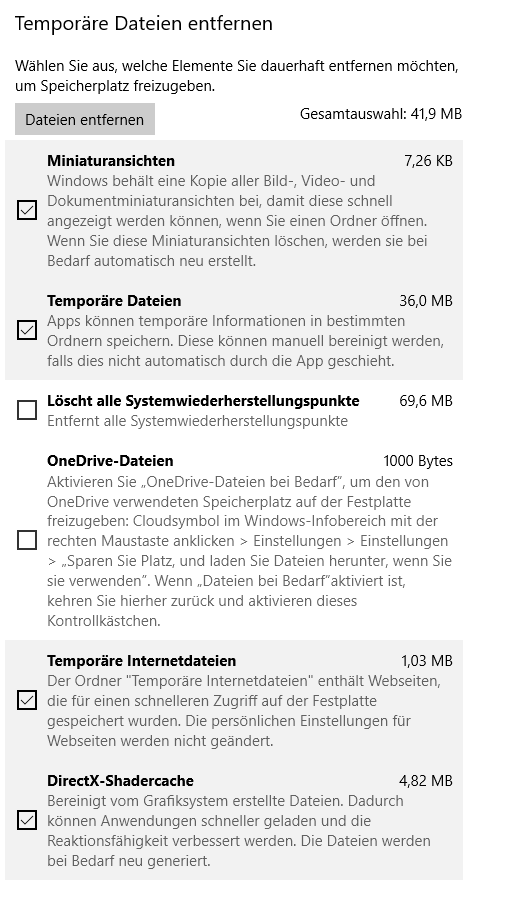Windows 10 Speichernutzung/Temporäre Dateien