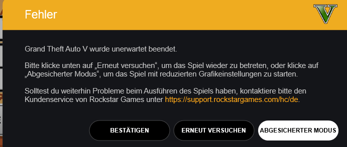 Grand Theft Auto V wurde unerwartet beendet. Problem-Code: "STATUS_DLL_NOT_FOUND"