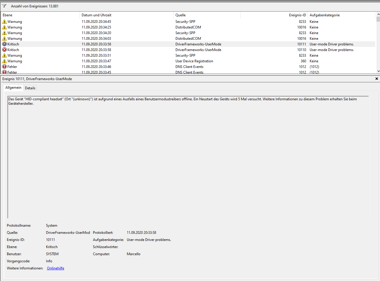 "HID compliant headset" sorgt für Absturz, Ereigniss ID 10110, 10111