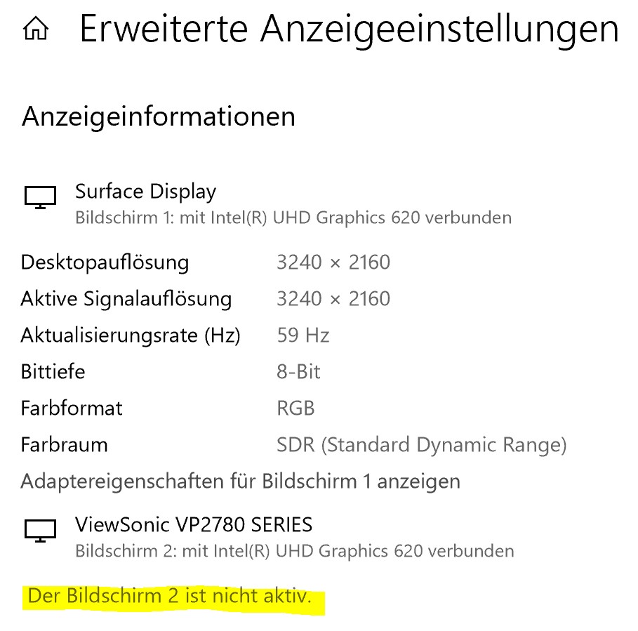 Surface Book 2 externer Monitor wird nicht erkannt bzw. nicht aktiviert (verbunden über...