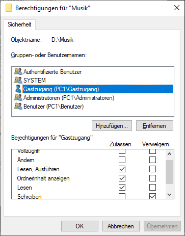 Berechtigungen für lesen und ausführen, aber nicht löschen einstellen