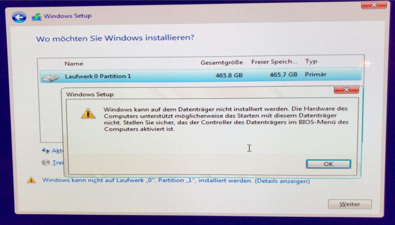 Installation Win10 scheitert am "Controller des Datenträgers im BIOS-Menü".