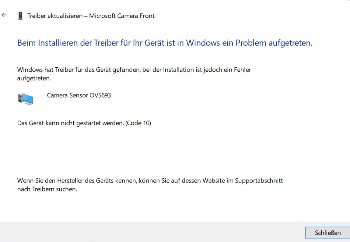 Kamera bei Surface Book 2 nicht gefunden, Geräte-Manager Code 10