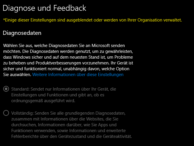 Diagnose und Feedback - Standard und Vollständig ist ausgegraut