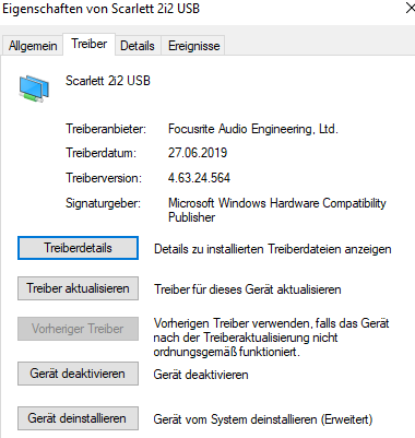 Focusrite Scarlett 2i2 USB "Keine Buchseninformationen verfügbar"?