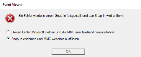 Ereignisanzeige: ein fehler wurde in einem snap in festgestellt und das snap in wird entfernt