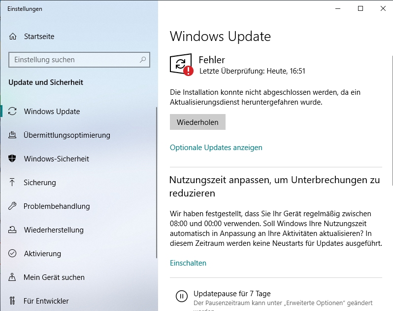 Fehler bei Suche nach neuen Windows updates Aktualisirungsdiens heruntergefahren!