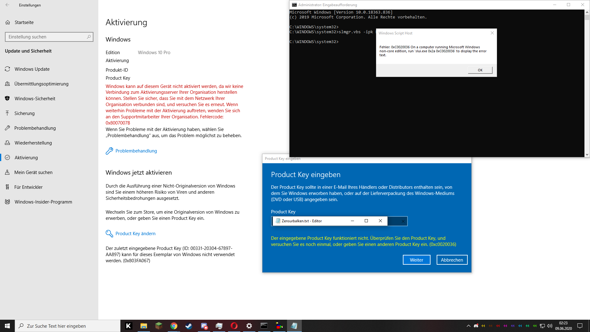 ich kann Windows 10 Pro nicht aktivieren: 0xC0020036