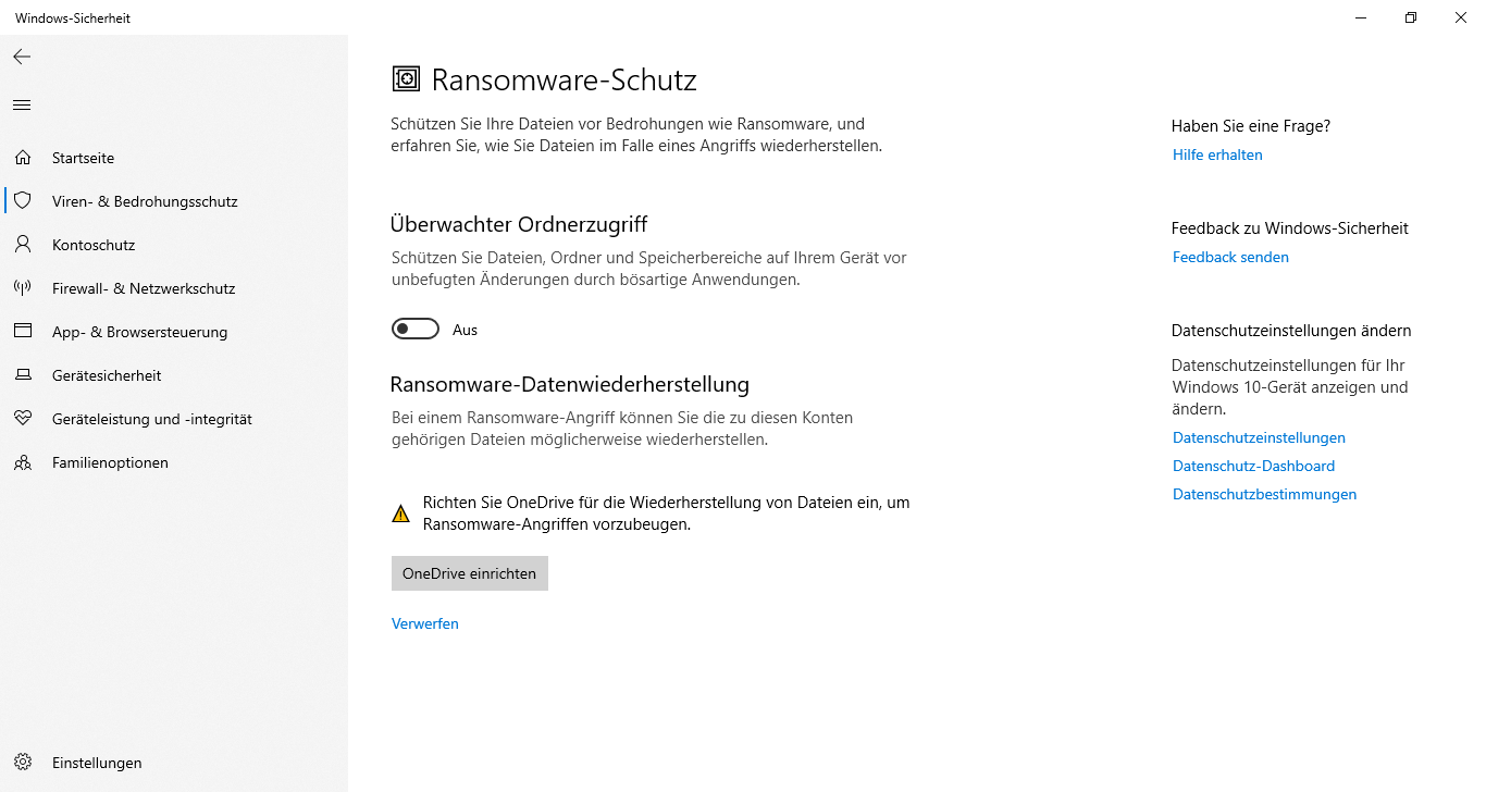 Meldung über Ransomware-Schutz lässt sich nicht verwerfen