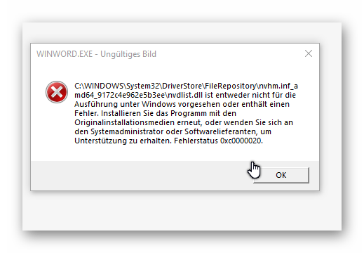 Windows 10 Fehlermeldung 0xc000020