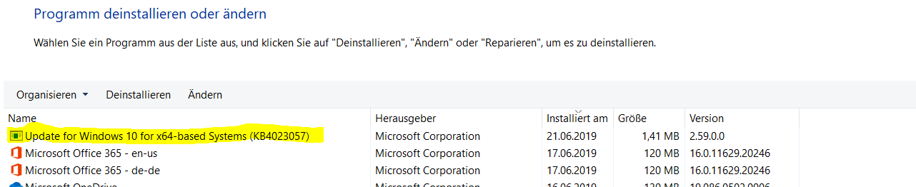 WIndows Update KB 4023057 wird unter "Programme" angezeigt + weitere Einträge