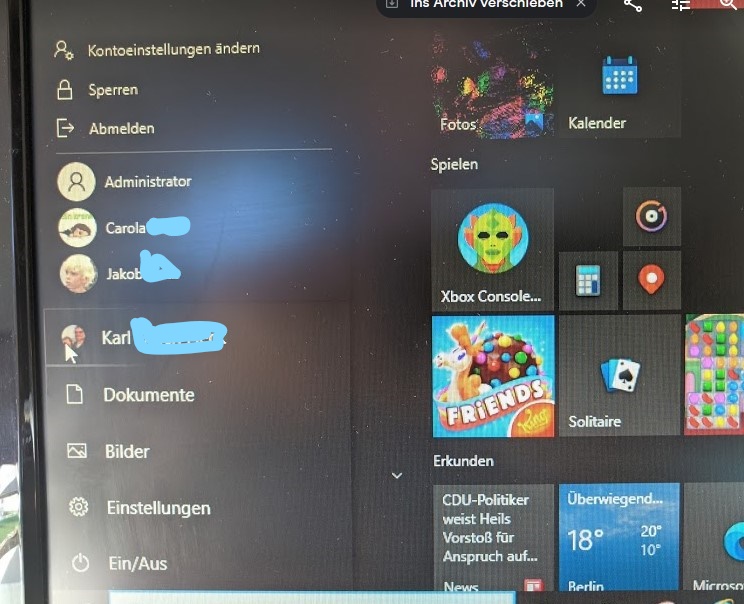Login über Startseite von Win 10 PRO 20H2 funktioniert nur noch mit Hauptnutzer