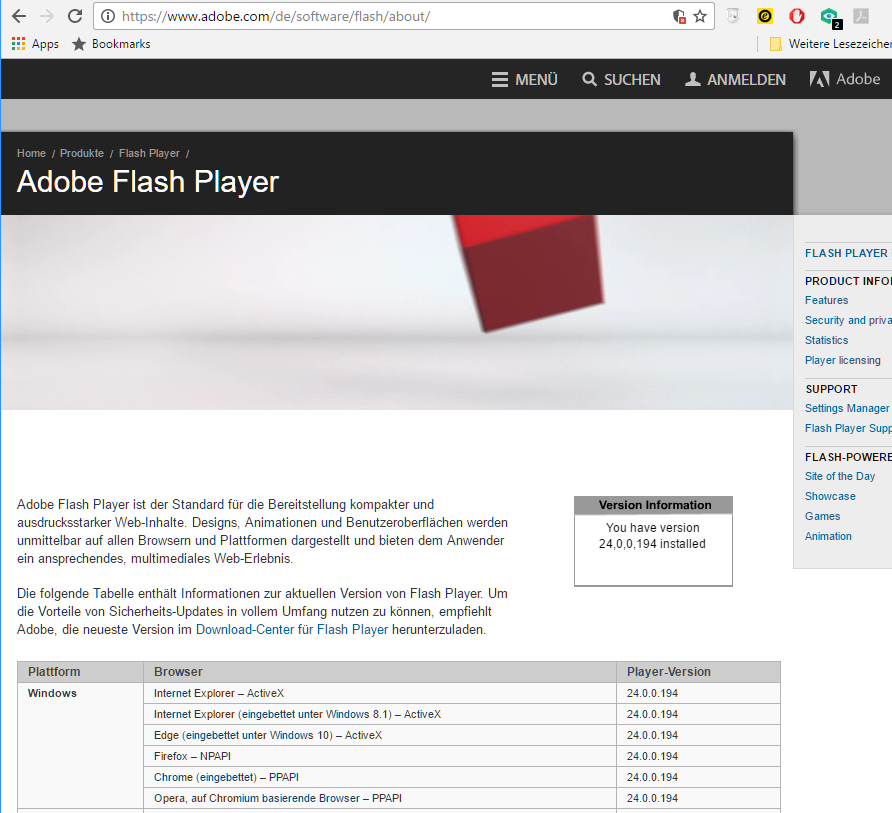 Adobe Flash Player mit Edge