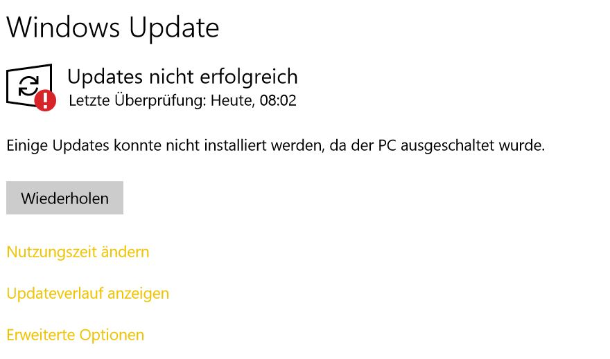 Einige Updates konnte nicht installiert werden, da der PC ausgeschaltet wurde.