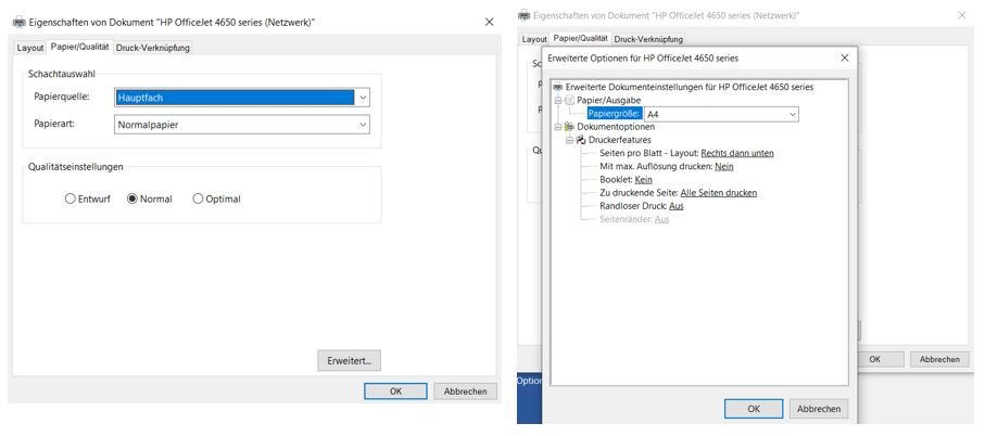 HP Officejet 4658 - Druckerdialog läßt keine Fabauswahl zu nicht vorhanden