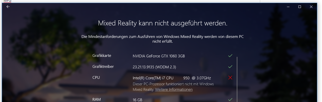 Windows Mixed Reality am Intel Core i7-950