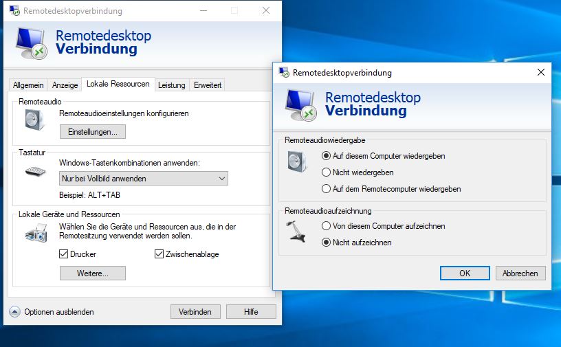 Remotedesktop Verbindung Audiowiedergabe/Audioaufzeichnung