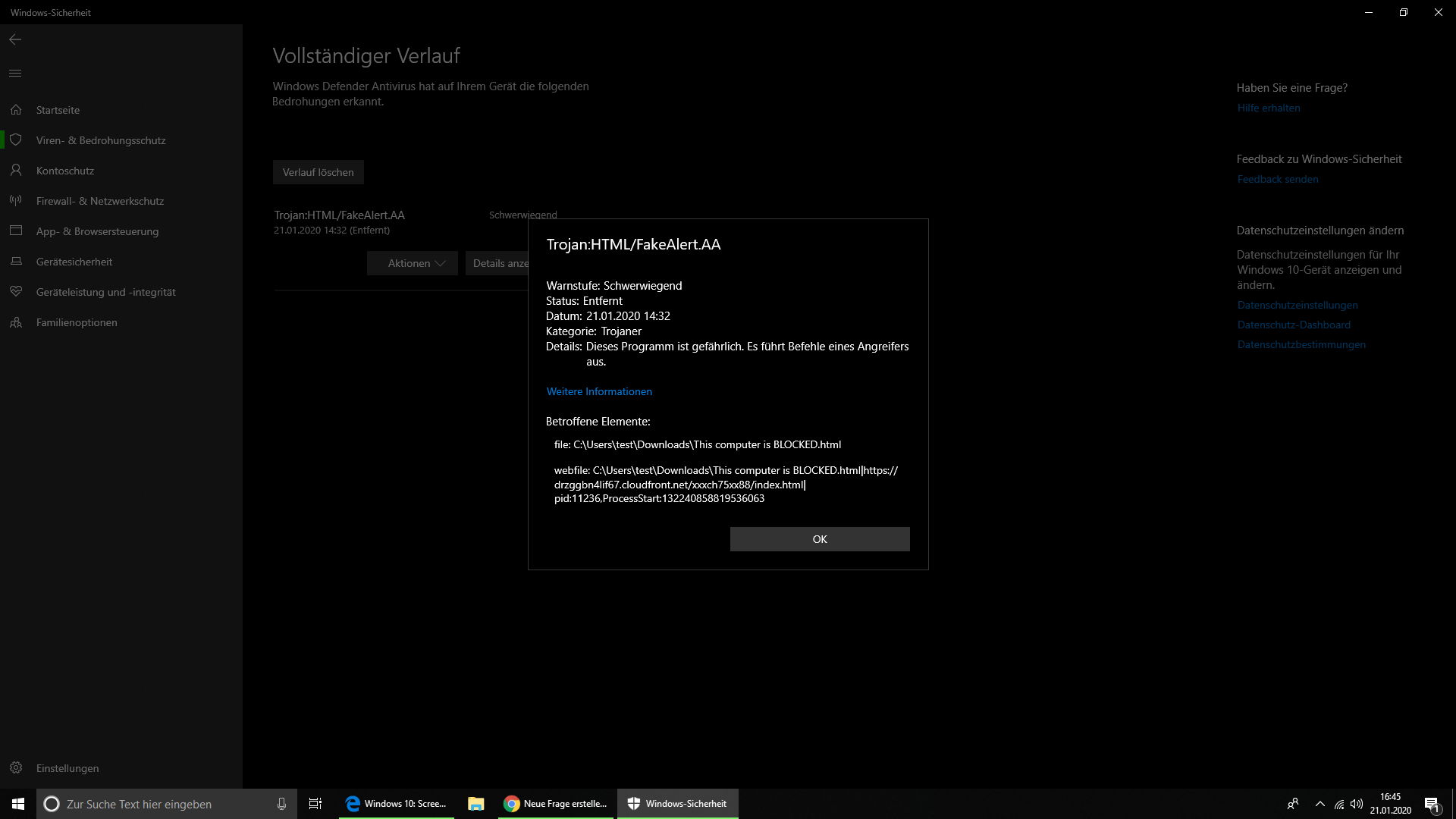 Trojan:HTML/FakeAlert.AA wurde von Windows Defender erkannt und nun weiß ich nicht was ich...