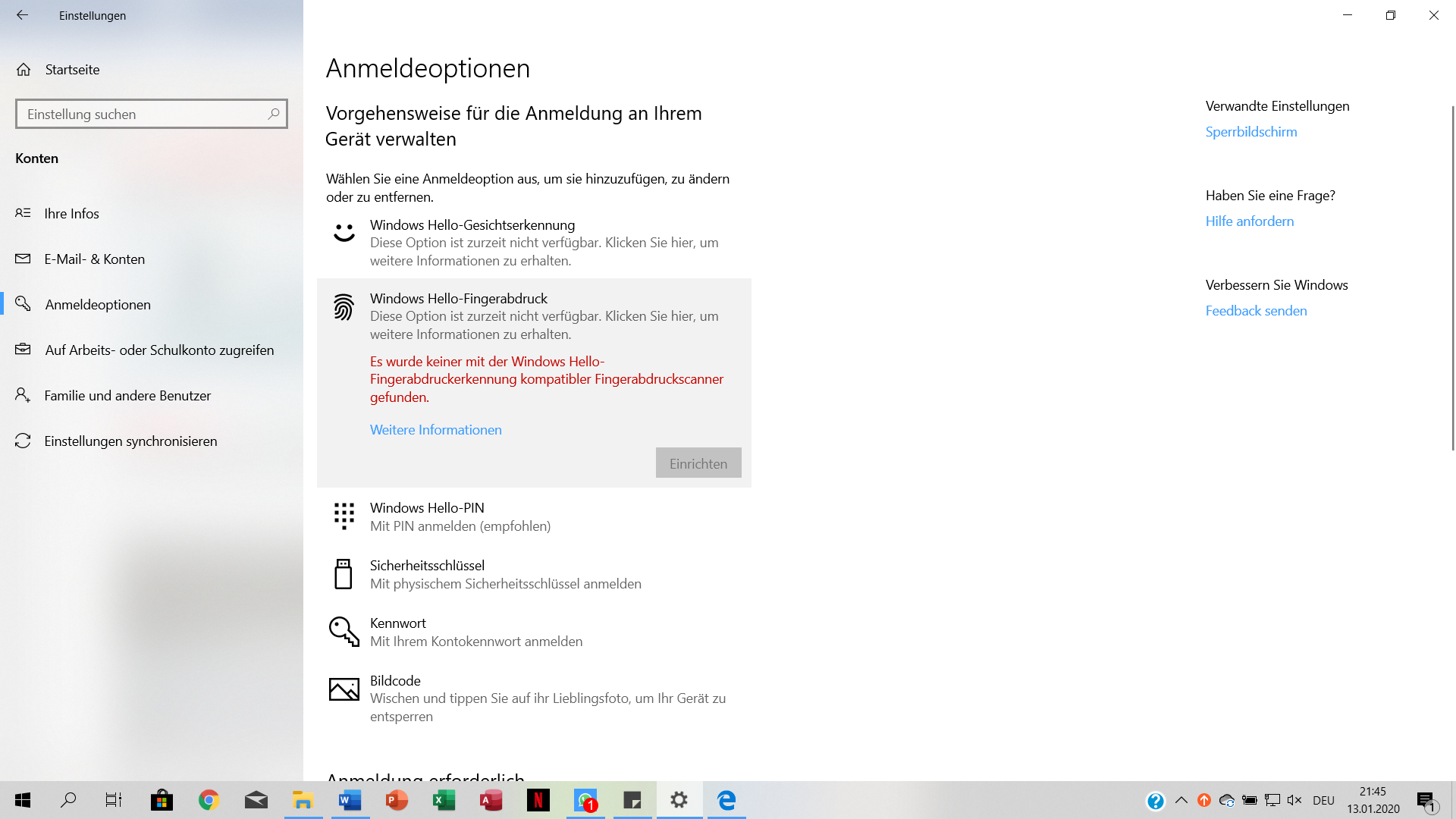Winows Hello-Fingerabdruck ist zurzeit nicht verfügbar