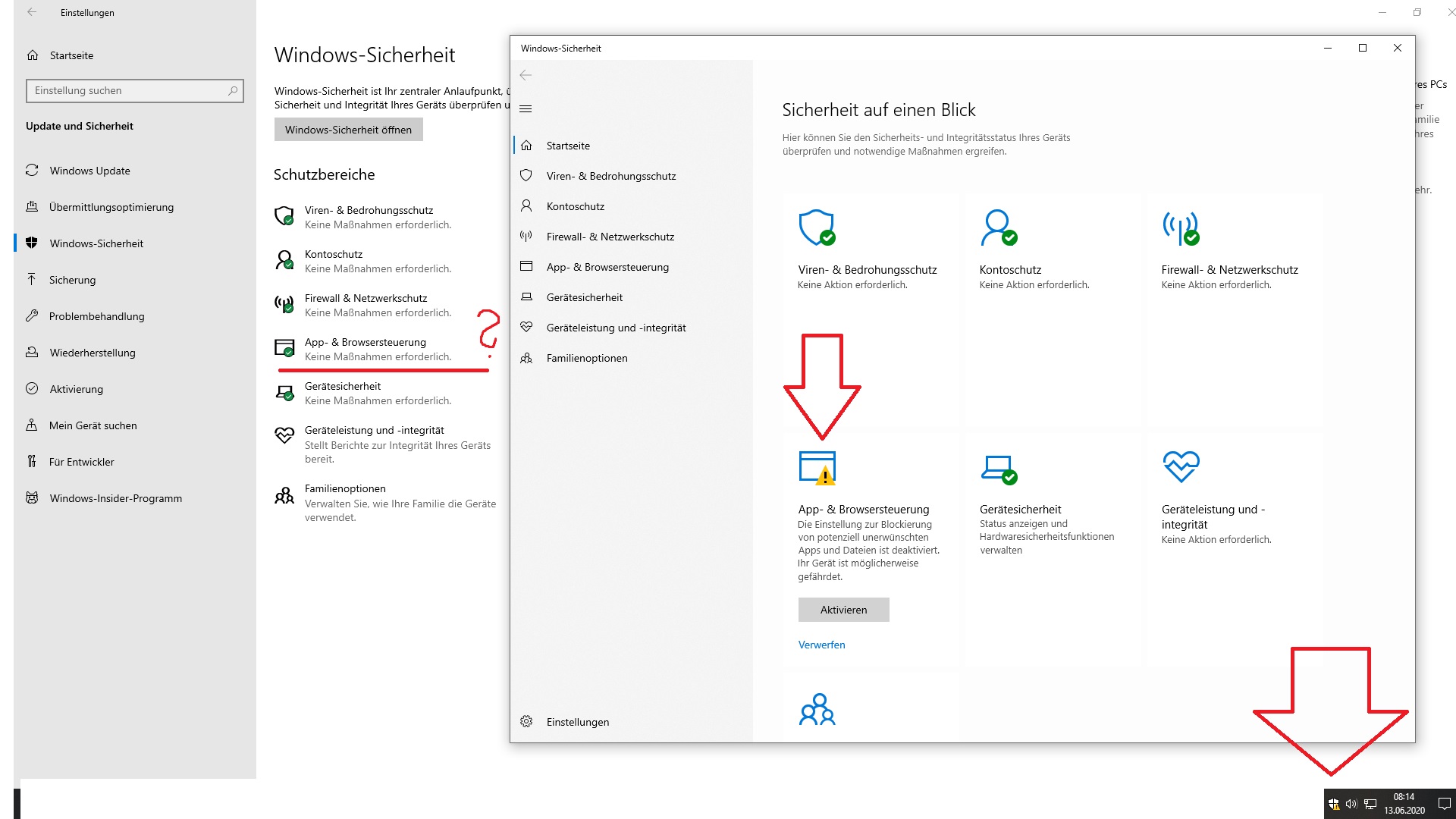 Windows Sicherheit zeigt gelbes Ausrufungszeichen täglich an, Verwerfen wirkungslos