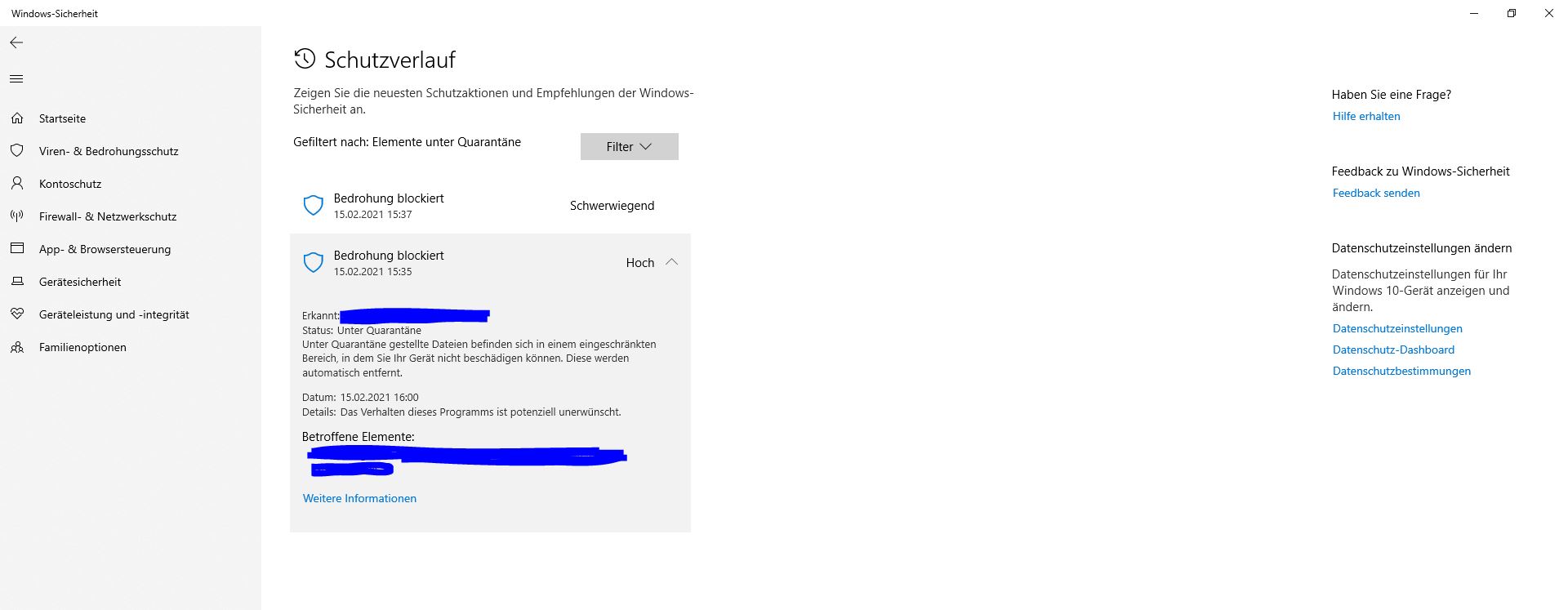 Windows Defender Dateien aus der Quarantäne zurückbewegen - Keine Aktionen möglich