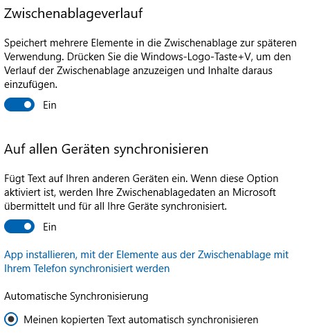 Synchronisierung des Zwischenablageverlaufs ZAV über 2 Win10 PCs