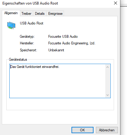 Focusrite Scarlett 2i2 USB "Keine Buchseninformationen verfügbar"?