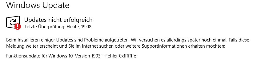 Funktionsupdate für Windows 10, Version 1903 – Fehler 0xfffffffe