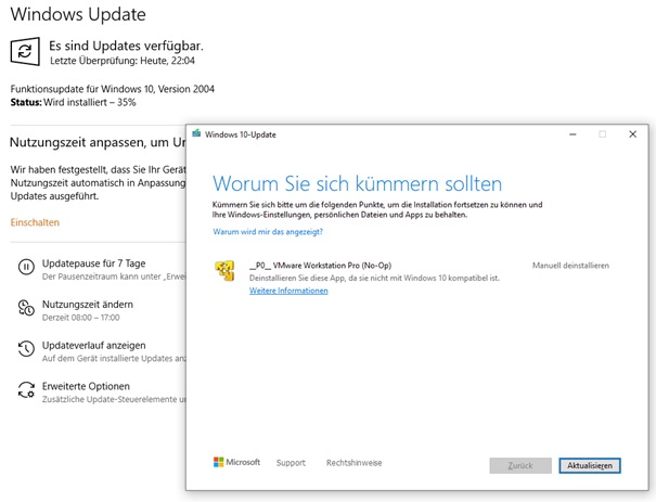 Win10 Update Version 2004 - Problem mit VM Ware Workstation Pro