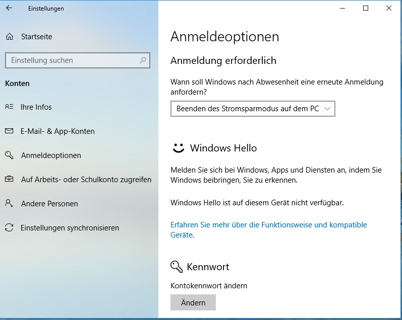 Deaktivierung Windows Hello nicht verfügbar?