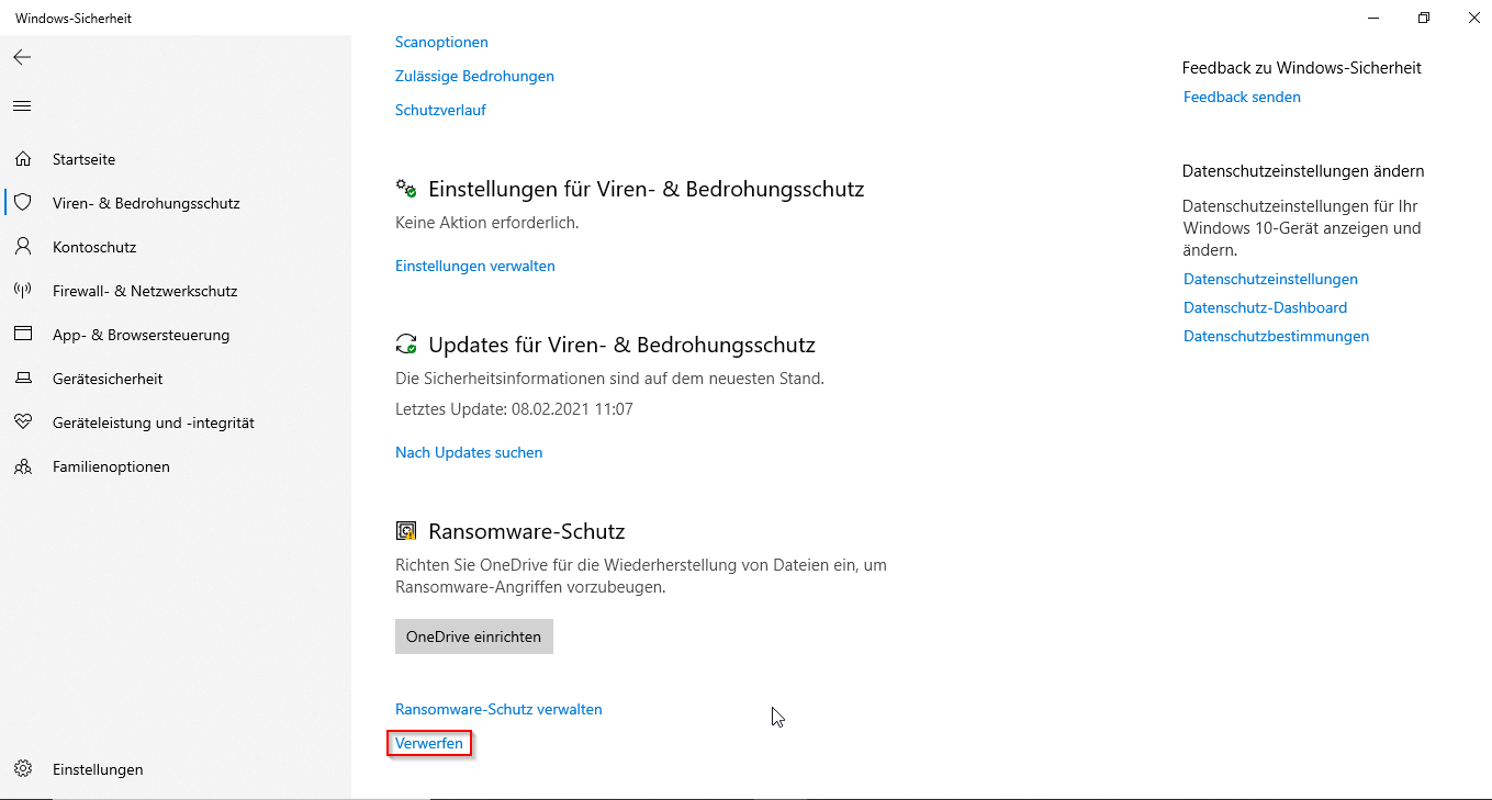 Meldung über Ransomware-Schutz lässt sich nicht verwerfen