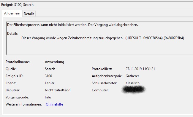 Ereignis 3100 - Der Filterhostprozess kann nicht initialisiert werden