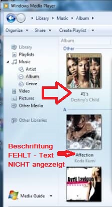 Windows 10 - Media Player ALBEN Ansicht TEXT-Beschriftung unter COVER fehlt