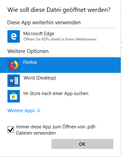 Standard App für pdf lässt sich nicht ändern