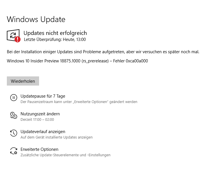 Windows 10 Insider Preview 18875.1000 (rs_prerelease) – Fehler 0xca00a000