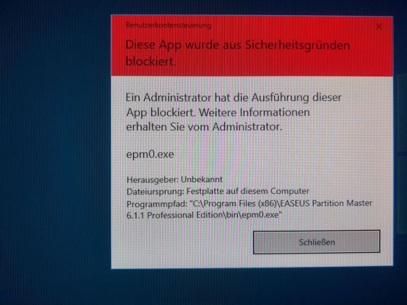 Benutzerkontensteuerung - Diese App wurde aus Sicherheitsgründen blockiert