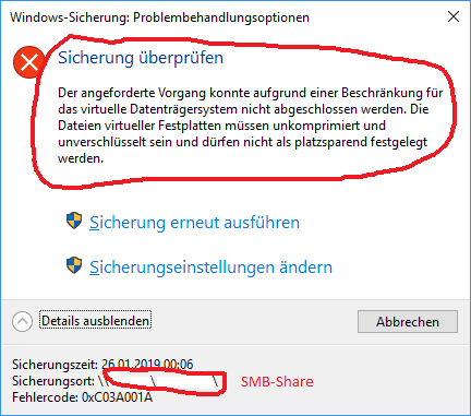 Windows 10: Sicherung schlägt fehl, NAS wird als virtuelle Festplatte eingestuft