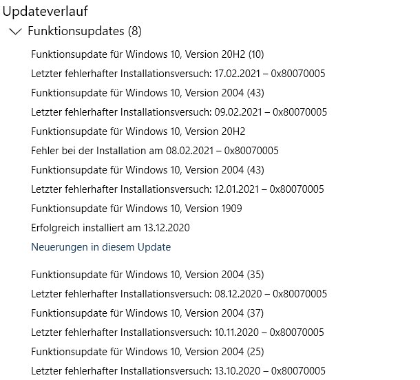 Funktionsupdate für Windows 10, Version 20H2 – Fehler 0x80070005