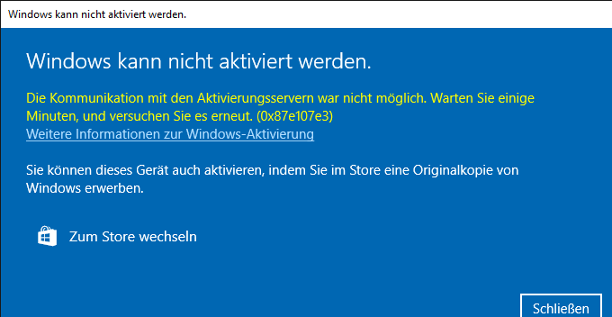 Windows 10 kann nicht aktiviert werden trotz gültigen Key.