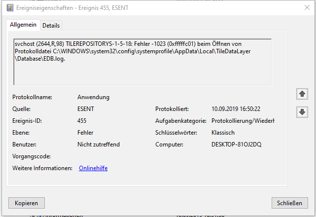 ESENT, ACPI Fehlermeldung